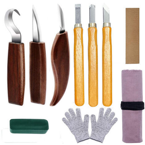 Ahlsen 10-teiliges Holzschnitzwerkzeug-Set, Kohlenstoffstahl-Set mit 3 Holzmeißeln, 3 Holzschnitzmessern, Handschuhen, Aufbewahrungstasche, professionelles Holzschnitzwerkzeug (1/5)