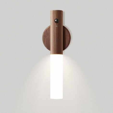 Détecteur de Mouvement Veilleuse Rechargeable Veilleuse Murale en Bois Portable Alimenté par Piles Armoire Lumières Sous avec Aimant pour Escaliers Couloir Lumière Ménage (Marron)