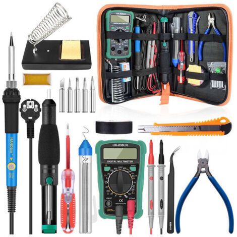Kit de fer à souder, kit de soudure 60 W, température réglable 200 450 °C, multimètre, 5 pannes à souder, pompe à dessouder, station - RWBricolage ›Outillage à main et électrique› Outillage électriqu (1/4)