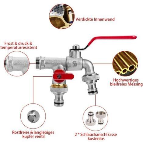 Doppelter Gartenwasserhahn, Wasserhahn mit 2 x 3/4"-Ausgängen - 1/2"-Zulauf, 1 Rollendichtung, Doppelanschluss und Schlauchdüse für Garten, Regenwassertank, Waschmaschine (Rot) (1/4)