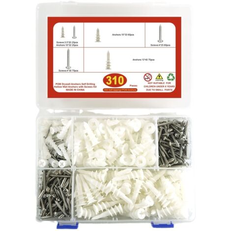 Set de 310 Chevilles et Vis,Plaque de Plâtre, Kit Universel d'Expansion de Chevilles en Plastique et de Vis à Bois Auto-taraudeuses(310pièces) (1/5)