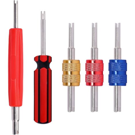 Kit d'outils de retrait de tige de valve de pneu 5 pièces, outil de retrait de noyau de valve de climatisation R134a, outil de retrait de noyau de valve à têtes simples et doubles (1/5)
