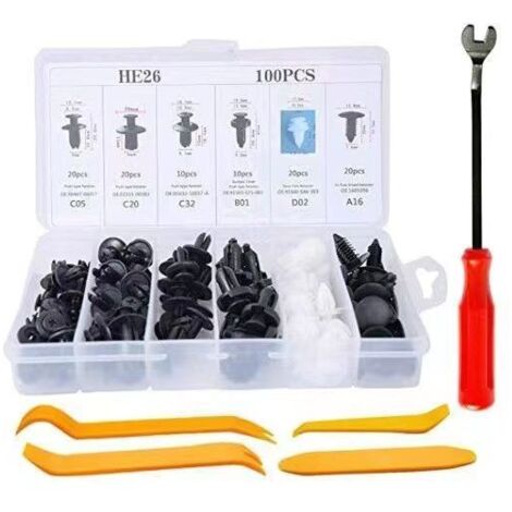 100 Pcs Rivet Clips Plastique + 5 Pcs Outils de Démontage, Clips de Fixation Voiture Agrafe Voiture Plastique Universelle pour Auto Voitures Panneaux de Portes (1/5)
