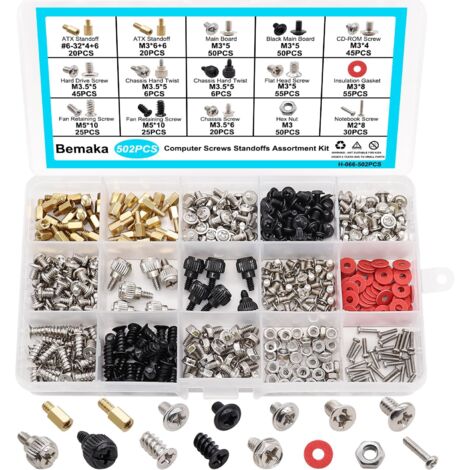 Assortiment de 502 vis d'ordinateur, vis d'entretoise de carte mère pour ventilateur PC, boîtier PC, disque, utilisées pour l'installation et la réparation de pièces d'ordinateur (1/5)