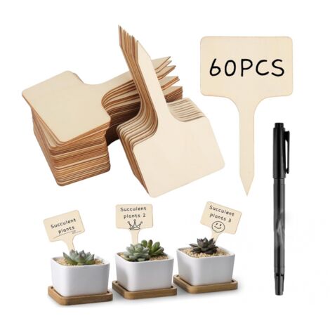 Lot de 60 panneaux pour plantes, panneaux pour plantes avec 1 marqueur noir double face, panneaux pour étiquettes de plantes en bois, panneaux pour plantes pour étiqueter les graines en pot, les herbe (1/5)
