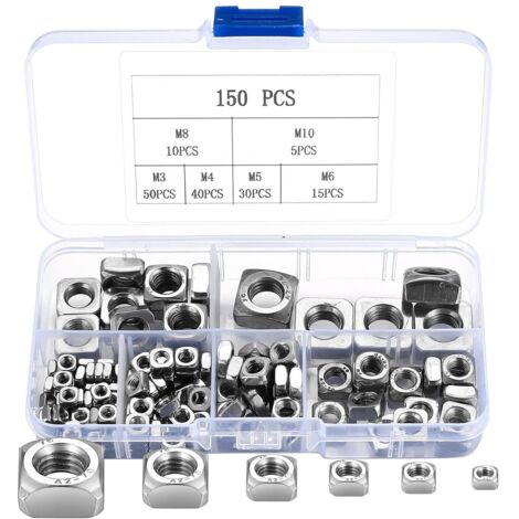 Ensemble de 150 écrous carrés en acier inoxydable, écrous à filetage carré, écrous de fixation, lot d'écrous encastrés pour meubles en bois M3 M4 M5 M6 M8 M10 (Argent) (1/5)