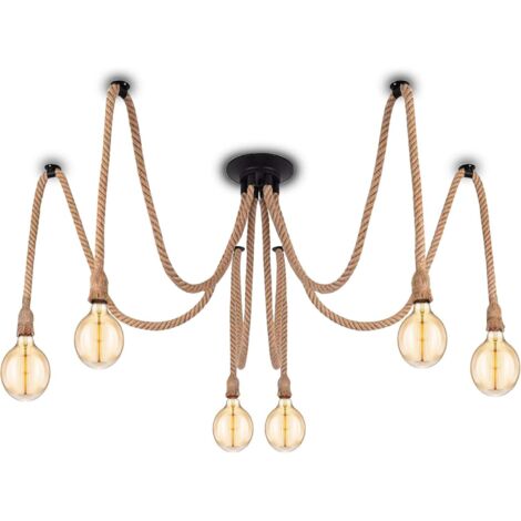 Litzee – Suspension industrielle rétro en chanvre – Lustre 6 têtes avec câbles textile 2m – Douille E27 pour salle à manger, bar, café (1/5)