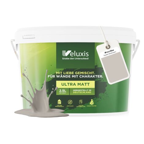 Pittura murale grigio chiaro, grigio, beige, opaca, per interni – Copertura classe 1, senza COV, senza primer, a goccia – Soggiorno e camera da letto – 2,5 L – Veluxis (Oyster Mushroom)