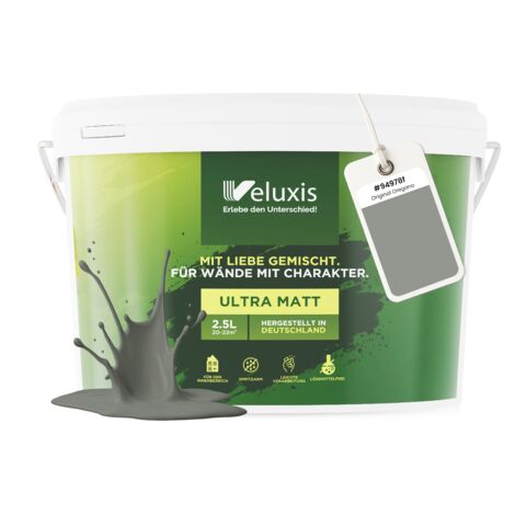 Pittura murale grigio verde grigio chiaro opaca per interni – Copertura classe 1, senza COV, senza primer, a goccia – Soggiorno e camera da letto – 2,5 L – Veluxis (Original Oregano) (1/5)