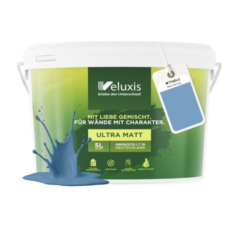 Pittura murale blu, azzurro, grigio, opaca, per interni – Copertura classe 1, senza COV, senza primer, a bassa gocciolatura – Soggiorno e camera da letto – 5 L – Veluxis (Blue Herring)