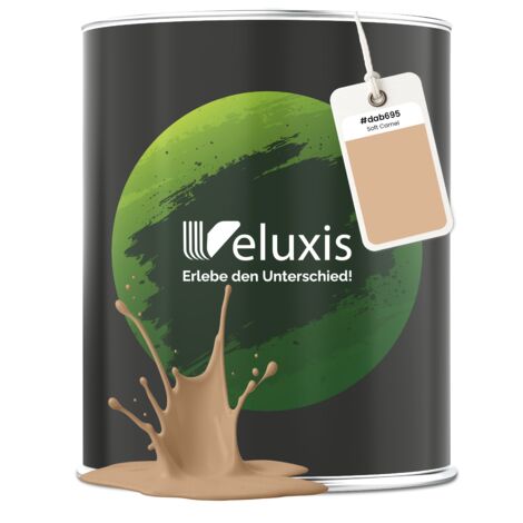 Pittura murale Beige Oro Marrone opaca per interni – Copertura Classe 1, senza COV, senza primer, a goccia – Soggiorno e camera da letto – 1 L – Veluxis (Soft Camel)