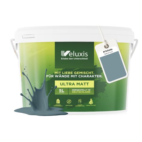Pittura murale blu grigio petrolio opaca per interni – Copertura classe 1, senza COV, senza primer, a goccia – Soggiorno e camera da letto – 5 L – Veluxis (Typical Trout)