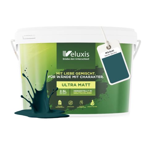 Pittura murale verde blu petrolio opaca per interni – Copertura classe 1, senza COV, senza primer, a goccia – Soggiorno e camera da letto – 2,5 L – Veluxis (Specific Spirulina)