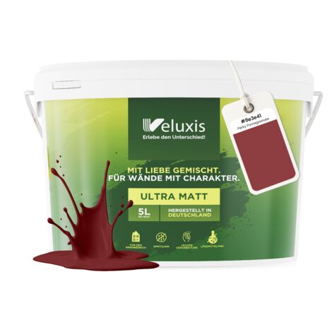 Pittura murale rosso-marrone bordeaux opaca per interni – Copertura classe 1, senza COV, senza primer, a goccia – Soggiorno e camera da letto – 5 L – Veluxis (Perky Pomegranate)