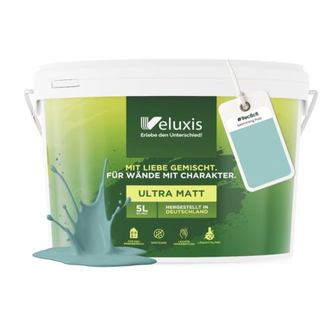 Pittura murale turchese blu verde menta opaca per interni – Copertura classe 1, senza COV, senza primer, a goccia – Soggiorno e camera da letto – 5 L – Veluxis (Swimming Pool)