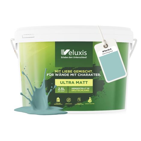 Pittura murale turchese, blu, verde menta, opaca, per interni – Copertura classe 1, senza COV, senza primer, a goccia – Soggiorno e camera da letto – 2,5 L – Veluxis (Swimming Pool)