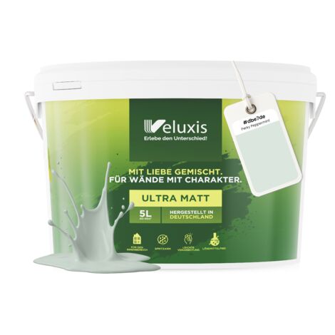 Pittura murale verde grigio chiaro verde menta opaca per interni – Copertura classe 1, senza COV, senza primer, a goccia – Soggiorno e camera da letto – 5 L – Veluxis (Perky Peppermint)