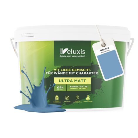 Pittura murale blu azzurro grigio opaca per interni – Copertura classe 1, senza COV, senza primer, a bassa gocciolatura – Soggiorno e camera da letto – 2,5 L – Veluxis (Blue Herring)