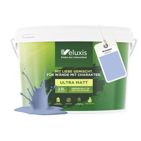 Pittura murale blu, azzurro, viola, opaca, per interni – Copertura classe 1, senza COV, senza primer, a bassa gocciolatura – Soggiorno e camera da letto – 2,5 L – Veluxis (Cake Pop)