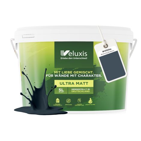 Pittura murale blu grigio antracite opaca per interni – Copertura classe 1, senza COV, senza primer, a bassa gocciolatura – Soggiorno e camera da letto – 5 L – Veluxis (Blooming Blueberry)