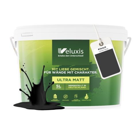 Pittura murale nero antracite grigio opaca per interni – Copertura classe 1, senza COV, senza primer, a bassa gocciolatura – Soggiorno e camera da letto – 5 L – Veluxis (Casual Caviar) (1/5)
