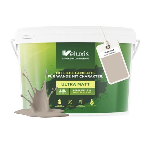 Pittura murale beige grigio chiaro crema opaca per interni – Copertura classe 1, senza COV, senza primer, a bassa gocciolatura – Soggiorno e camera da letto – 2,5 L – Veluxis (Seedy Sunflower)