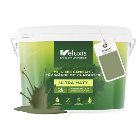 Pittura murale verde verde salvia beige opaca per interni – Copertura classe 1, senza COV, senza primer, a goccia – Soggiorno e camera da letto – 5 L – Veluxis (Balmy Basil)