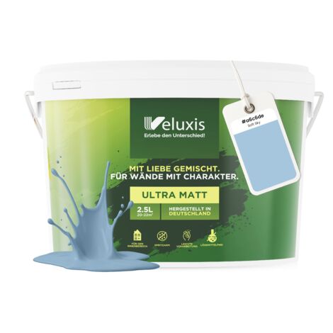 Pittura murale blu, azzurro, grigio, opaca per interni – Copertura classe 1, senza COV, senza primer, a goccia – Soggiorno e camera da letto – 2,5 L – Veluxis (Soft Sky)