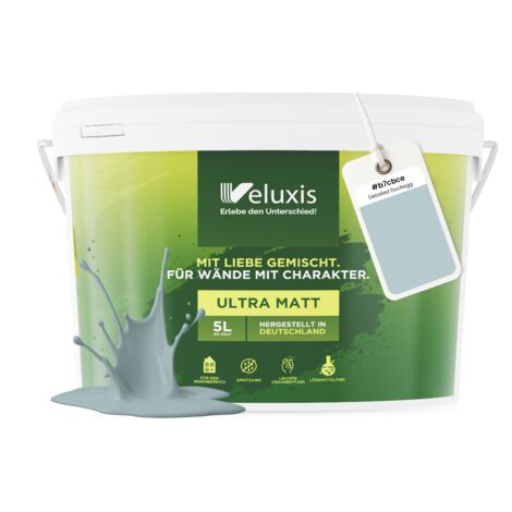 Pittura murale blu, azzurro, petrolio, opaca, per interni – Copertura classe 1, senza COV, senza primer, a goccia – Soggiorno e camera da letto – 5 L – Veluxis (Detailed Duck Egg)