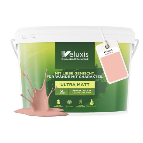 Pittura murale rosa beige arancione opaca per interni – Copertura classe 1, senza COV, senza primer, a bassa gocciolatura – Soggiorno e camera da letto – 5 L – Veluxis (Lucky Litchi)