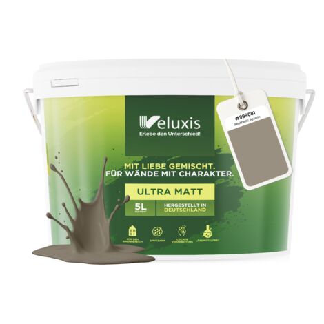 Pittura murale Grigio Marrone Beige Opaca per interni – Copertura Classe 1, senza COV, senza primer, a goccia – Soggiorno e camera da letto – 5 L – Veluxis (Aesthetic Ajwain)
