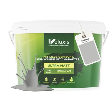 Pittura murale grigio chiaro, grigio, opaca, per interni – Copertura classe 1, senza COV, senza primer, a goccia – Soggiorno e camera da letto – 2,5 L – Veluxis (Shady Spice)