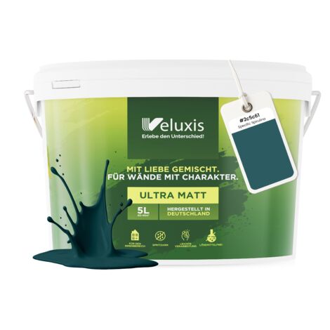 Pittura murale verde blu petrolio opaca per interni – Copertura classe 1, senza COV, senza primer, a goccia – Soggiorno e camera da letto – 5 L – Veluxis (Specific Spirulina)
