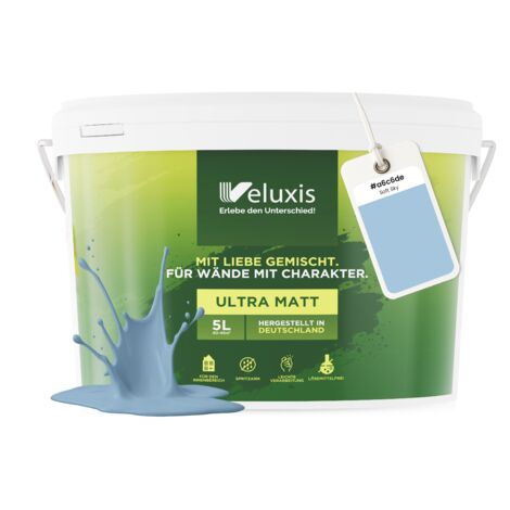 Pittura murale blu, azzurro, grigio chiaro, opaca, per interni – Copertura classe 1, senza COV, senza primer, a goccia – Soggiorno e camera da letto – 5 L – Veluxis (Soft Sky)
