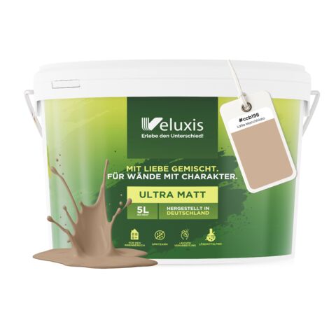 Pittura murale beige marrone crema opaca per interni – Copertura classe 1, senza COV, senza primer, a goccia – Soggiorno e camera da letto – 5 L – Veluxis (Latte Macchiato)
