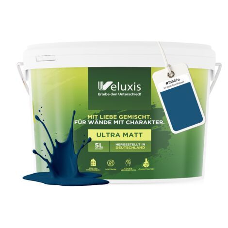 Pittura murale blu petrolio antracite opaca per interni – Copertura classe 1, senza COV, senza primer, a goccia – Soggiorno e camera da letto – 5 L – Veluxis (Classic Cornflower)