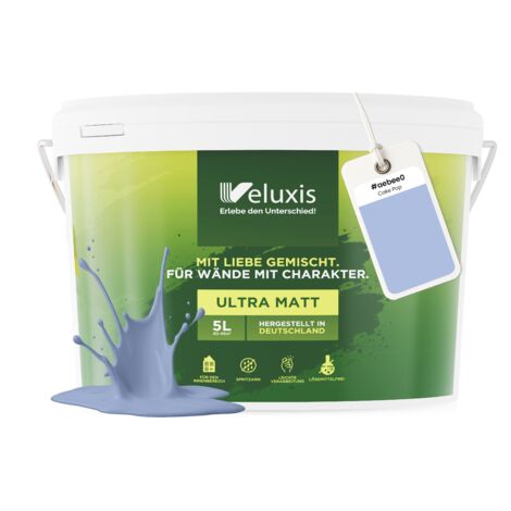 Pittura murale blu, azzurro, lilla, opaca, per interni – Copertura classe 1, senza COV, senza primer, a goccia – Soggiorno e camera da letto – 5 L – Veluxis (Cake Pop)