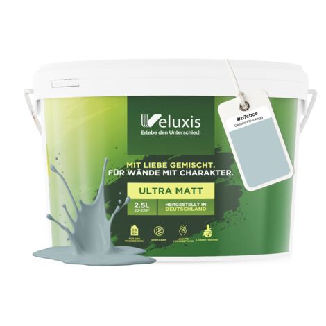 Pittura murale blu azzurro petrolio opaca per interni – Copertura classe 1, senza COV, senza primer, a goccia – Soggiorno e camera da letto – 2,5 L – Veluxis (Detailed Duck Egg)
