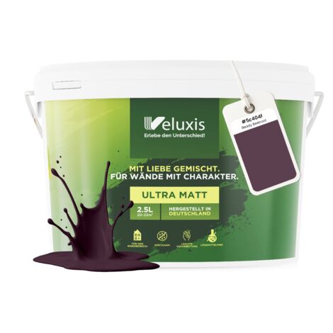 Pittura murale viola marrone grigio opaca per interni – Copertura classe 1, senza COV, senza primer, a goccia – Soggiorno e camera da letto – 2,5 L – Veluxis (Beady Beetroot)