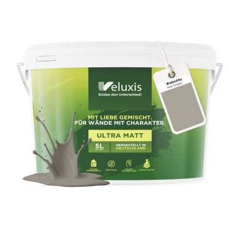 Pittura murale grigio beige marrone opaca per interni – Copertura classe 1, senza COV, senza primer, a goccia – Soggiorno e camera da letto – 5 L – Veluxis (Grey Pumpkin)