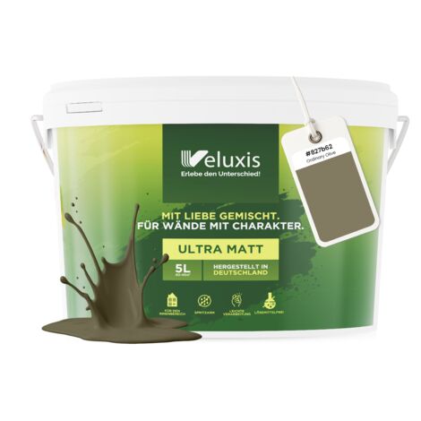 Pittura murale verde marrone grigio opaca per interni – Copertura classe 1, senza COV, senza primer, a bassa gocciolatura – Soggiorno e camera da letto – 5 L – Veluxis (Ordinary Olive) (1/5)