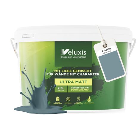 Pittura murale blu grigio petrolio opaca per interni – Copertura classe 1, senza COV, senza primer, a goccia – Soggiorno e camera da letto – 2,5 L – Veluxis (Typical Trout)