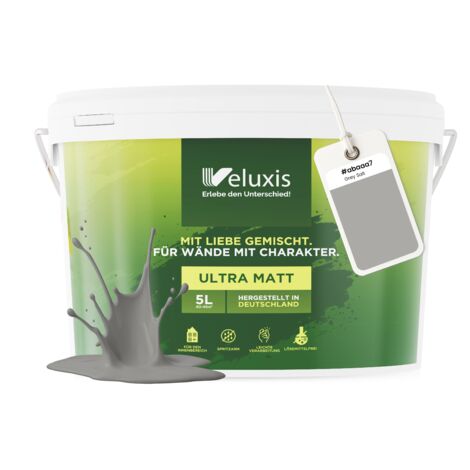 Pittura murale grigio antracite grigio chiaro opaca per interni – Copertura classe 1, senza COV, senza primer, a goccia – Soggiorno e camera da letto – 5 L – Veluxis (Grey Salt)