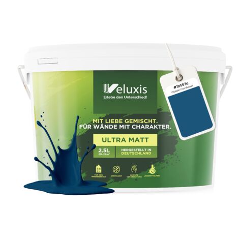 Pittura murale blu petrolio antracite opaca per interni – Copertura classe 1, senza COV, senza primer, a goccia – Soggiorno e camera da letto – 2,5 L – Veluxis (Classic Cornflower)