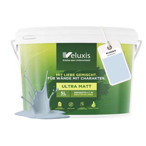 Pittura murale azzurro-grigio chiaro opaca per interni – Copertura classe 1, senza COV, senza primer, a bassa gocciolatura – Soggiorno e camera da letto – 5 L – Veluxis (Ice Bonbon)