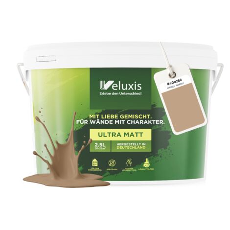 Pittura murale beige marrone oro opaca per interni – Copertura classe 1, senza COV, senza primer, a bassa gocciolatura – Soggiorno e camera da letto – 2,5 L – Veluxis (Whispy Walnut)