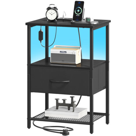 Somdot – Table de Chevet LED avec Station de Charge – Dimensions 30 x 40 x 59,5 cm – 1 tiroir en Tissu –  Noir