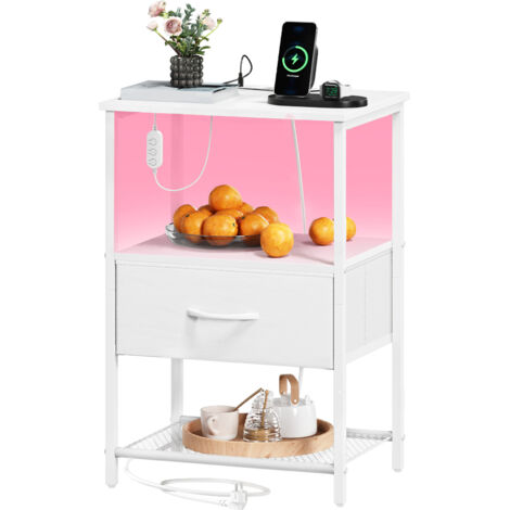 Somdot – Table de Chevet LED avec Station de Charge – Dimensions 30 x 40 x 59,5 cm – 1 tiroir en Tissu –  Blanc