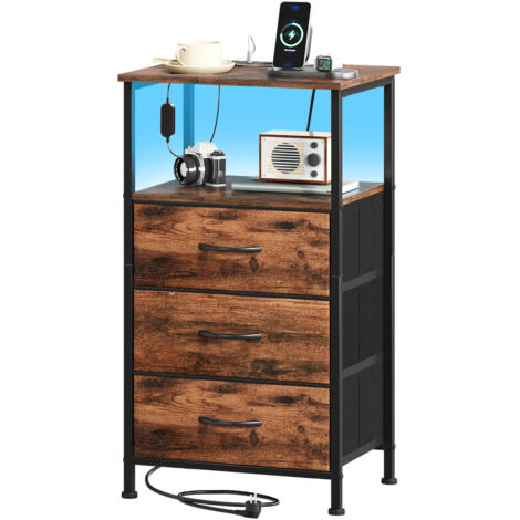 Somdot – Table de Chevet LED avec Station de Charge – Dimensions 30 x 40 x 72 cm – 3 tiroirs en Tissu – Imprimé Grain de Bois