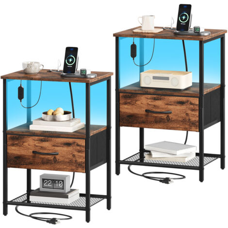 Somdot – 2 Table de Chevet LED avec Station de Charge – Dimensions 30 x 40 x 59,5 cm – 1 tiroir en Tissu – Imprimé Grain de Bois